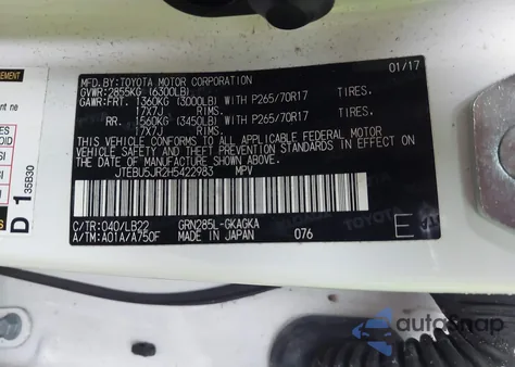 2017 Toyota 4Runner Sr5 Premium z USA, uszkodzony, nr VIN JTEBU5JR2H5422983